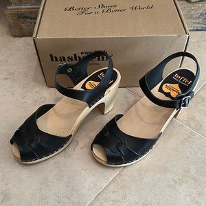 Swedish Hasbeens black leather wood wedge Sandal Pumps size 38 Swedish